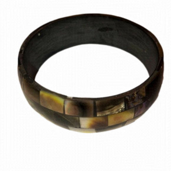 VTG Abalone Brown w Blue Irridescent Inlay Squares & Wooden Bangle 8” - Picture 1 of 4